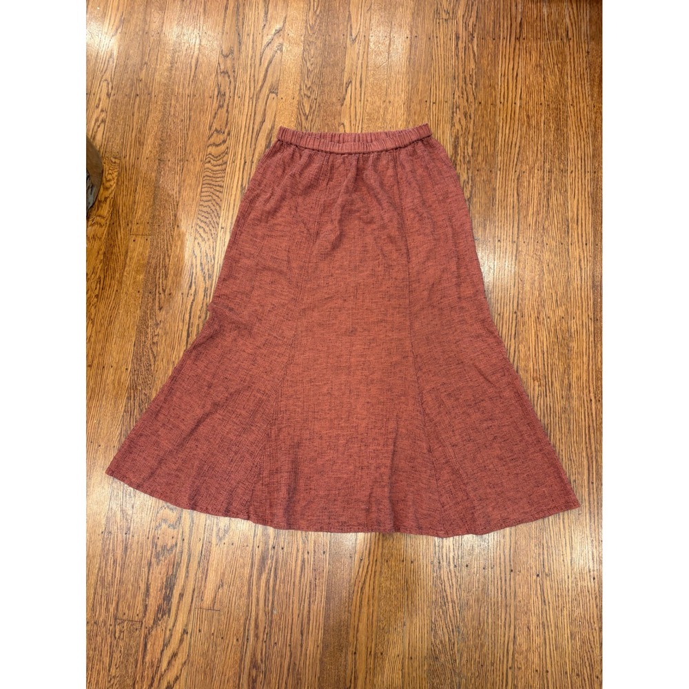 FLAX Women Small Rust Orange Linen Blend A-Line Midi Skirt Elastic Waist Paneled